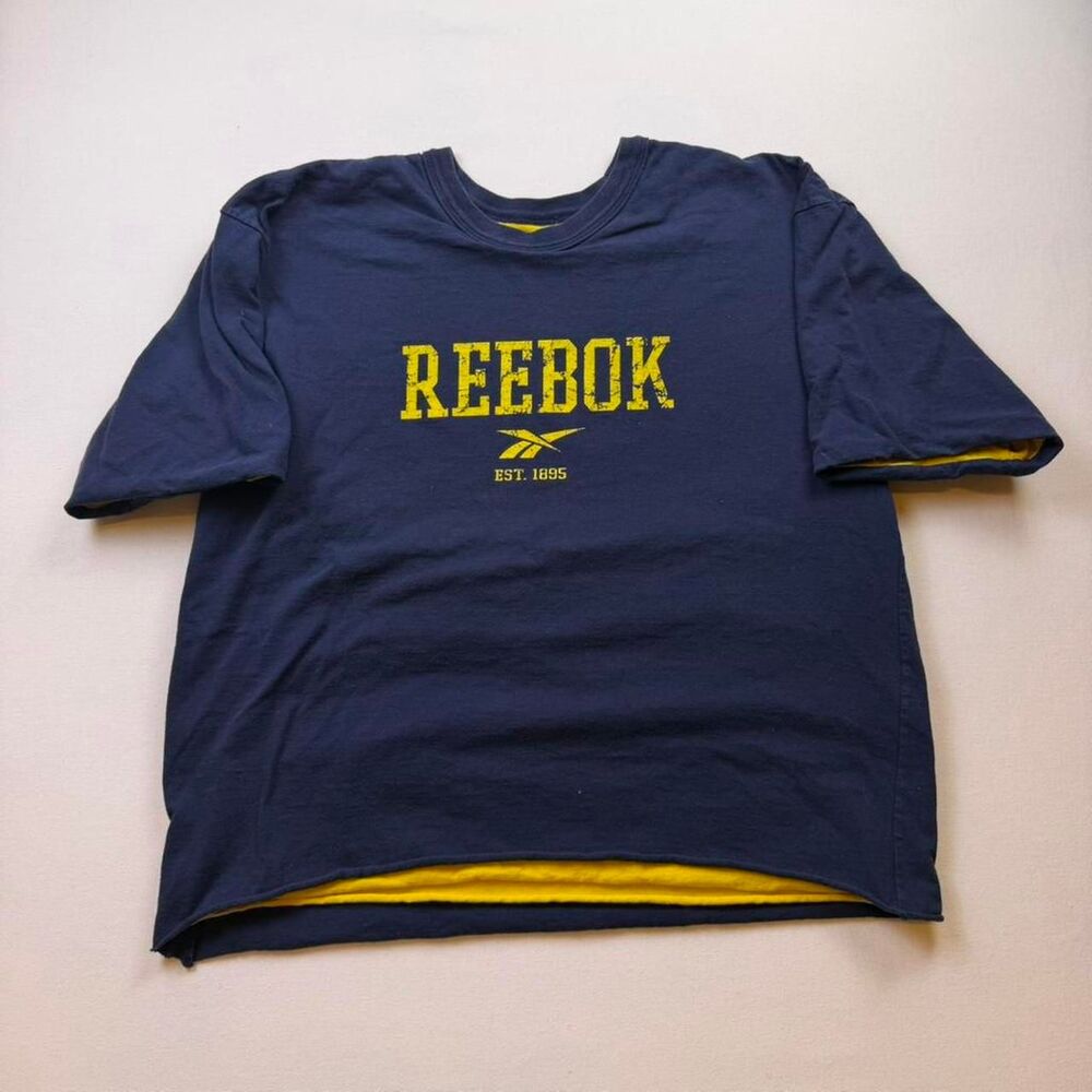 Vintage 00s Reebok Cropped Double Face Navy and Yellow Tshirt Size XL